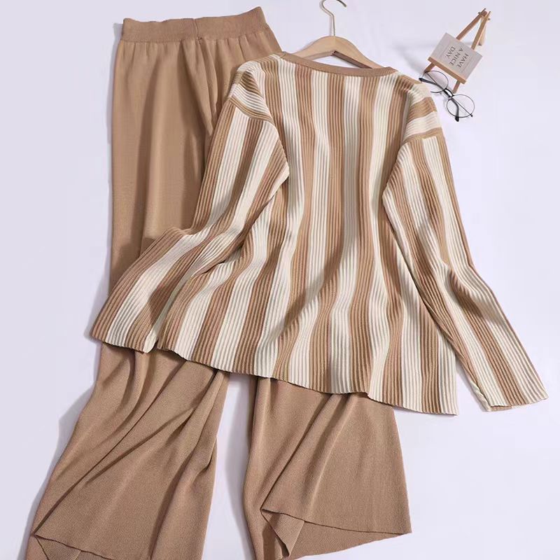 Design Sense Vertical Stripe Round Neck Split Knit Top High Waist Wide Leg Pants Fashion Two piece Set