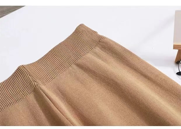 Design Sense Vertical Stripe Round Neck Split Knit Top High Waist Wide Leg Pants Fashion Two piece Set