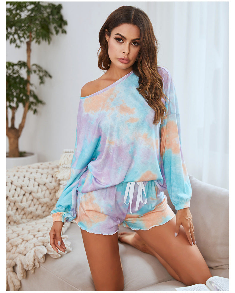 Autumn Winter Ladies Home Casual Suit Long Sleeve Shorts Two Piece Tie Dye Printed Pajamas Women