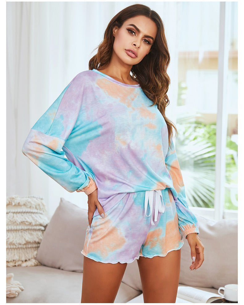 Autumn Winter Ladies Home Casual Suit Long Sleeve Shorts Two Piece Tie Dye Printed Pajamas Women