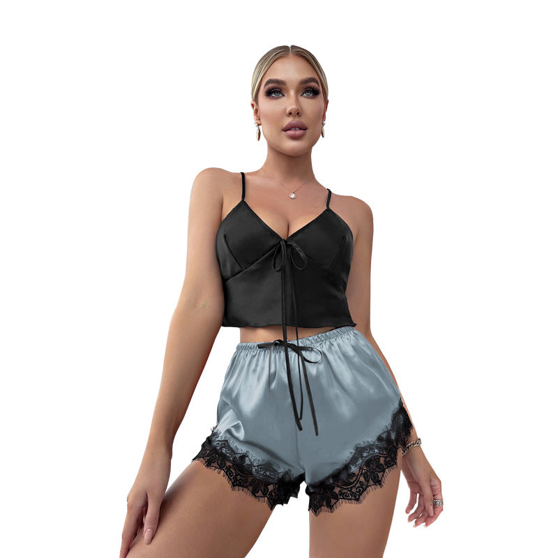 Summer Thin Sleeveless Backless Pajamas Ice Silk Lace Up Lace Trimmed Shorts Overall Set Home Wear Two Piece Set