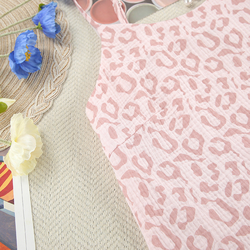 Suspender Crepe Cotton Pajamas Pink Heart Printing Two Piece Suit Spring Ladies Homewear