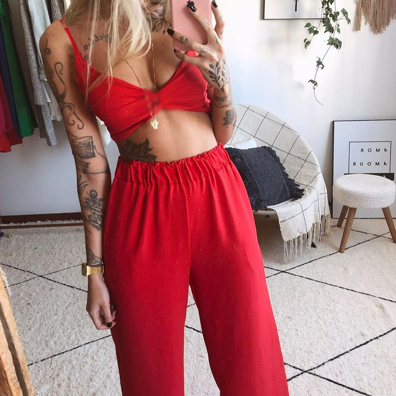 Women Clothing Printed Sexy Tube Top Loose Wide Leg Pants Two Piece Set