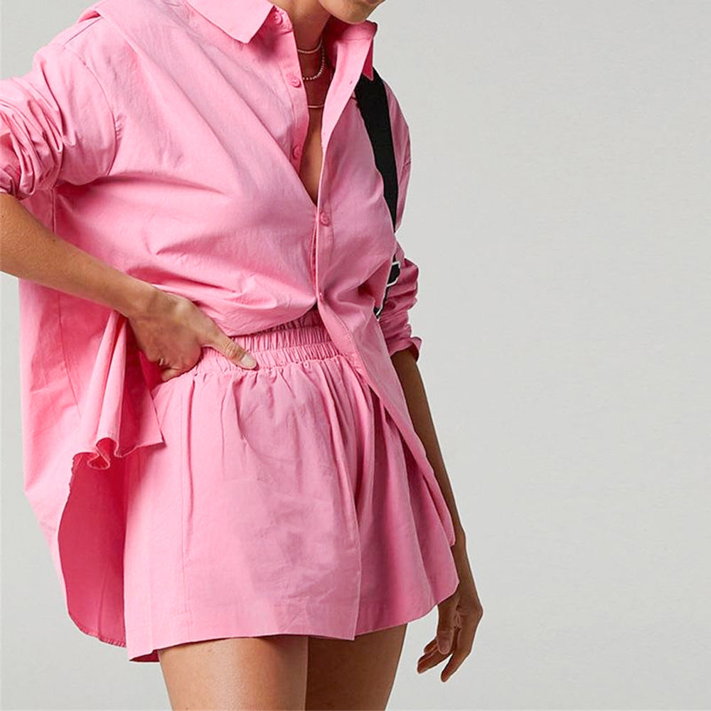 Single Breasted Collared Shirt Shorts Loose Casual Two Piece Suit Women