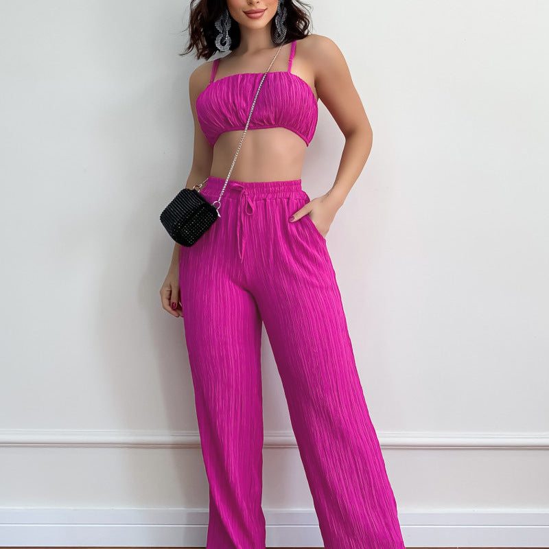 Summer Women Solid Color Sleeveless Cropped Outfit Sexy Trousers Women Two Piece Set