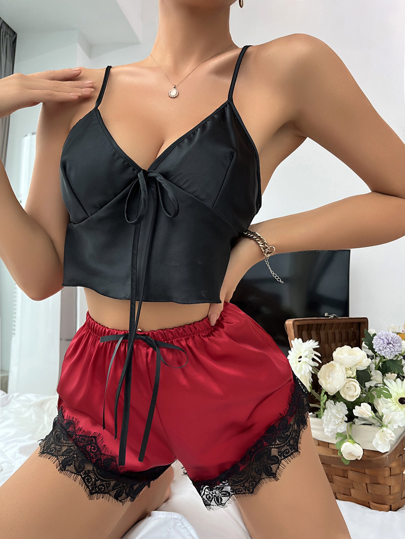 Summer Thin Sleeveless Backless Pajamas Ice Silk Lace Up Lace Trimmed Shorts Overall Set Home Wear Two Piece Set