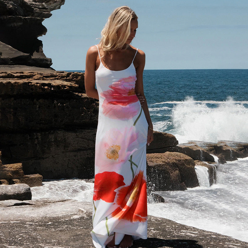 Summer Vacation Printed Maxi Dress Large Floral Contrast Color Strap Backless A line Dress Beach Dress
