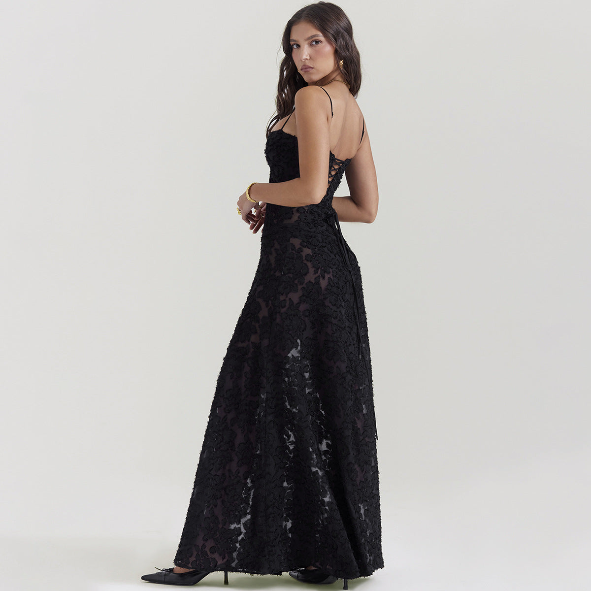 Women Clothing Sexy Dress Black See through Cami Dress Sexy Backless Dress Maxi Dress Evening Dress