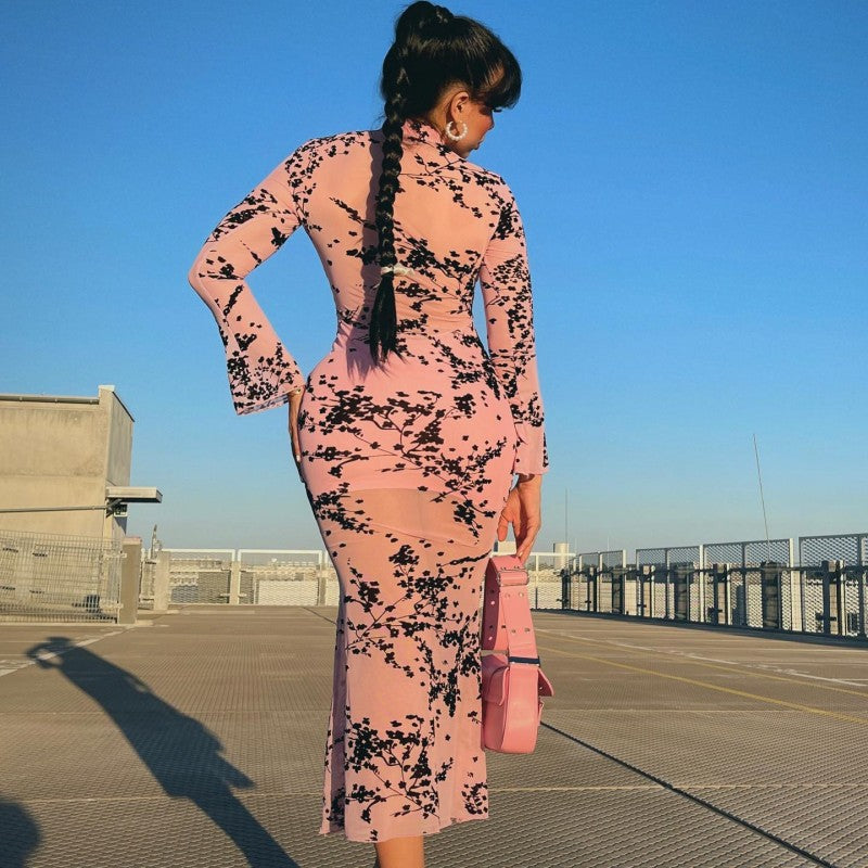 Spring Stand Collar Gauze Flocking Long Sleeve Sexy Chinese Slim Dress