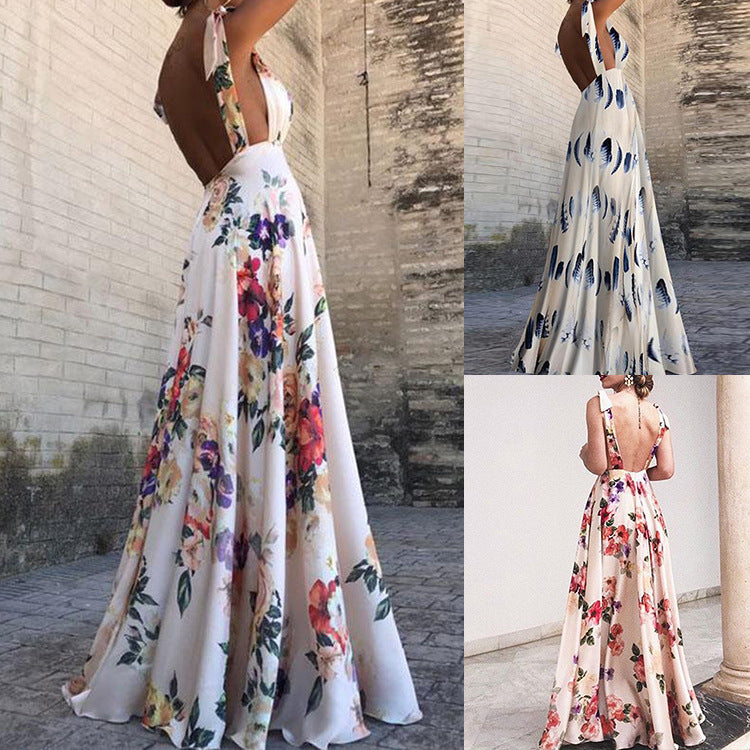 Spring Summer Women Clothing Exposed Back Printed Large Sleeveless Camisole Dress